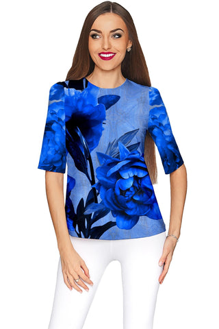 Mystery Sophia Blue Flower Print Fancy Party Top - Women - Pineapple Clothing