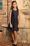 Navy Animal Print Sleeveless Skater Fit & Flare Party Dress - Girls