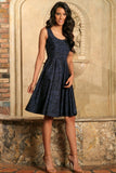 Navy Blue Animal Print Sleeveless Skater Evening Party Dress - Women