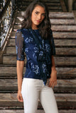 Navy Blue Floral Elbow Sleeve Cute Dressy Fancy Top With Scarf - Women