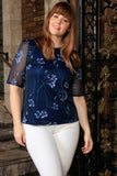 Navy Blue Floral Elbow Sleeve Evening Sexy Dressy Curvy Top Plus Size