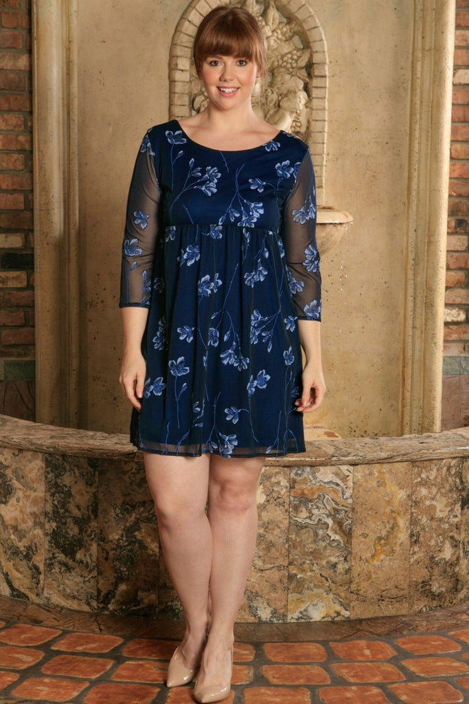 Navy Blue Floral Empire 3/4 Sleeve Evening Sexy Curvy Dress Plus Size