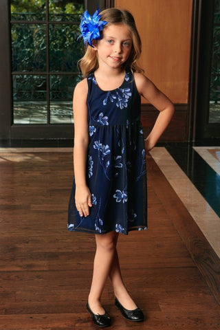 Navy Blue Floral Empire Waist Sleeveless Party Dress - Girls