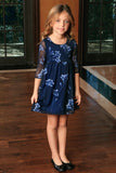 Navy Blue Floral Empire Waist Three-Quarter Sleeve Dress - Girls
