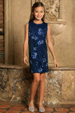 Navy Blue Floral Lace Beautiful Trendy Fancy Party Shift Dress - Girls