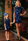 Navy Blue Floral Lace Elbow Sleeve Party Shift Mother Daughter Dress