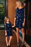 Navy Blue Floral Lace Empire Waist 3/4 Sleeve Mother Daughter Dress