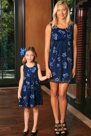 Navy Blue Floral Lace Empire Waist Sleeveless Day Mommy and Me Dress