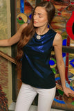 Navy Blue Stretchy Metallic Sleeveless Evening Party Fancy Top - Women