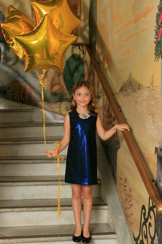 Navy Blue Stretchy Metallic Sleeveless Fancy Party Shift Dress - Girls