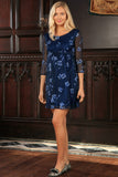 Navy Floral Empire Waist Three-Quarter Sleeve Dress - Women Maternity