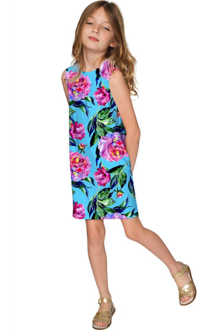 Peony Splash Adele Blue Flower Print Party Shift Dress - Girls - Pineapple Clothing