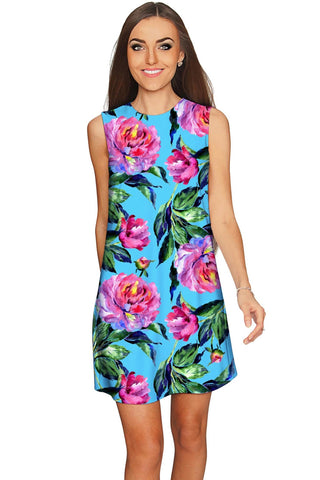 Peony Splash Adele Blue Pink Floral Mini Shift Dress - Women - Pineapple Clothing