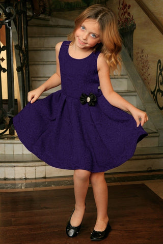 Purple Floral Sleeveless Skater Cute Fit and Flare Party Dress - Girls