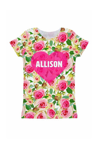 Rosarium Customized NAME Zoe Pink Heart Floral Tee - Girls - Pineapple Clothing