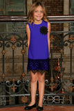Royal Blue Sleeveless Party Shift Dress With Black Lace Trim - Girls