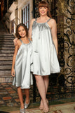 Silver Grey Cute Fancy Halter Swing Mommy and Me Dress Plus Size