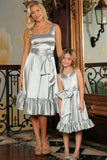 Silver Grey Charmeuse Fit & Flare Ruffle-Hem Midi Mommy and Me Dresses