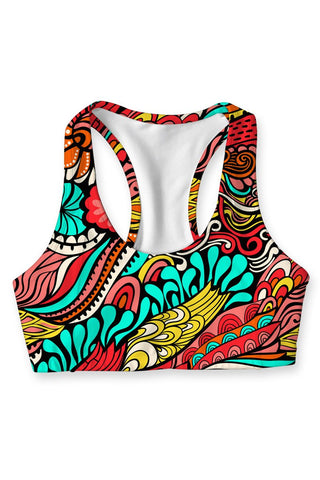 Verve Stella Red Boho Print Seamless Racerback Sport Yoga Bra - Women