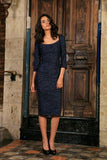 Navy Animal Print 3/4 Sleeve Bodycon Fancy Party Midi Dress - Women - Pineapple Clothing