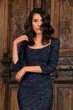 Navy Animal Print 3/4 Sleeve Bodycon Fancy Party Midi Dress - Women - Pineapple Clothing