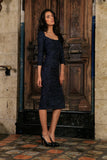 Navy Animal Print 3/4 Sleeve Bodycon Fancy Party Midi Dress - Women - Pineapple Clothing