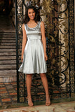 Silver Grey Charmeuse Sleeveless Prom Party Skater Midi Dress - Women - Pineapple Clothing