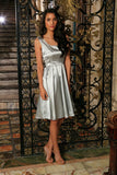 Silver Grey Charmeuse Sleeveless Prom Party Skater Midi Dress - Women - Pineapple Clothing