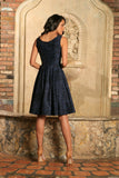 Navy Blue Animal Print Sleeveless Skater Evening Party Dress - Women - Pineapple Clothing