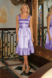Lavender Fit & Flare Cute Cocktail Ruffle Midi Dress With Belt - Women - Pineapple Clothing