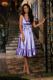 Lavender Charmeuse Fit & Flare Prom Party Ruffle Midi Dress - Women - Pineapple Clothing