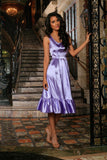 Lavender Charmeuse Fit & Flare Prom Party Ruffle Midi Dress - Women - Pineapple Clothing