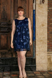 Navy Blue Floral Empire Waist Sleeveless Party Dress - Women Plus Size - Pineapple Clothing