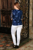 Navy Blue Floral Elbow Sleeve Evening Dressy Top - Women Plus Size - Pineapple Clothing