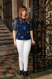 Navy Blue Floral Elbow Sleeve Evening Dressy Top - Women Plus Size - Pineapple Clothing