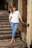 White Stretchy Lace Elbow Sleeve Dressy Party Top - Women Plus Size - Pineapple Clothing