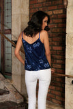 Navy Blue Floral V-Neck Sleeveless Cute Fancy Dressy Cami Top - Women - Pineapple Clothing