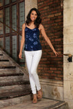 Navy Blue Floral V-Neck Sleeveless Cute Fancy Dressy Cami Top - Women - Pineapple Clothing
