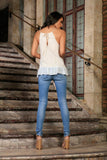 Off-White Stretchy Lace Ruffle Halter Cute Fancy Dressy Top - Women - Pineapple Clothing