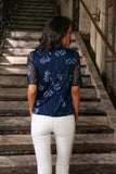 Navy Blue Floral Elbow Sleeve Cute Dressy Fancy Top With Scarf - Women - Pineapple Clothing