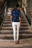 Navy Blue Floral Elbow Sleeve Cute Dressy Fancy Top With Scarf - Women - Pineapple Clothing