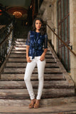 Navy Blue Floral Elbow Sleeve Cute Dressy Fancy Top With Scarf - Women - Pineapple Clothing