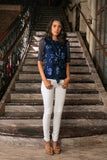 Navy Blue Floral Elbow Sleeve Cute Dressy Fancy Top With Scarf - Women - Pineapple Clothing