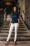 Navy Blue Floral Elbow Sleeve Cute Dressy Fancy Top With Scarf - Women - Pineapple Clothing