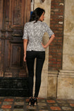 Black White Stretchy Half Sleeve Evening Dressy Top With Belt - Women - Pineapple Clothing