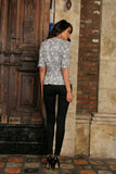 Black White Stretchy Half Sleeve Evening Dressy Top With Belt - Women - Pineapple Clothing