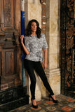 Black White Stretchy Half Sleeve Evening Dressy Top With Belt - Women - Pineapple Clothing