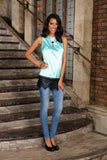 Light Blue Charmeuse Sleeveless Cocktail Dressy Top With Lace - Women - Pineapple Clothing