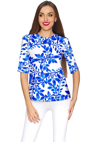 Whimsy Sophia White Blue Print Sleeved Party Top - Women - Pineapple Clothing
