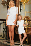 White Stretchy Lace Elbow 3/4 Sleeve Shift Party Mother Daughter Dress